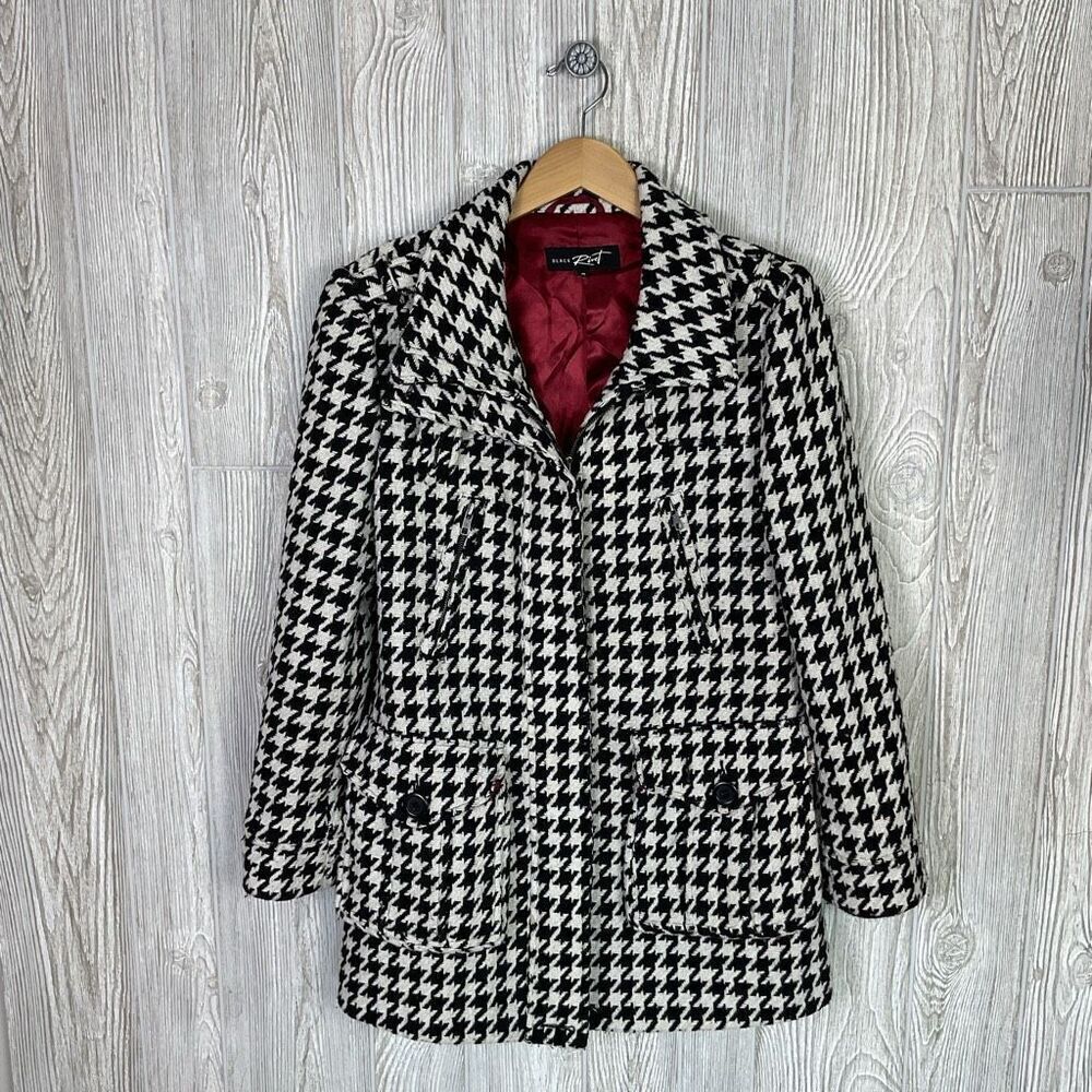 Black Rivet Houndstooth Wool Blend Coat Zip Front Black White Womens Medium